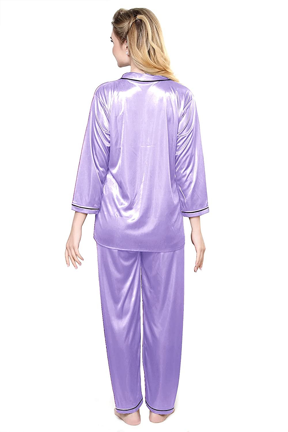 Tiya Women's Satin Plain/Solid Top and Pyjama Set (Lavender)