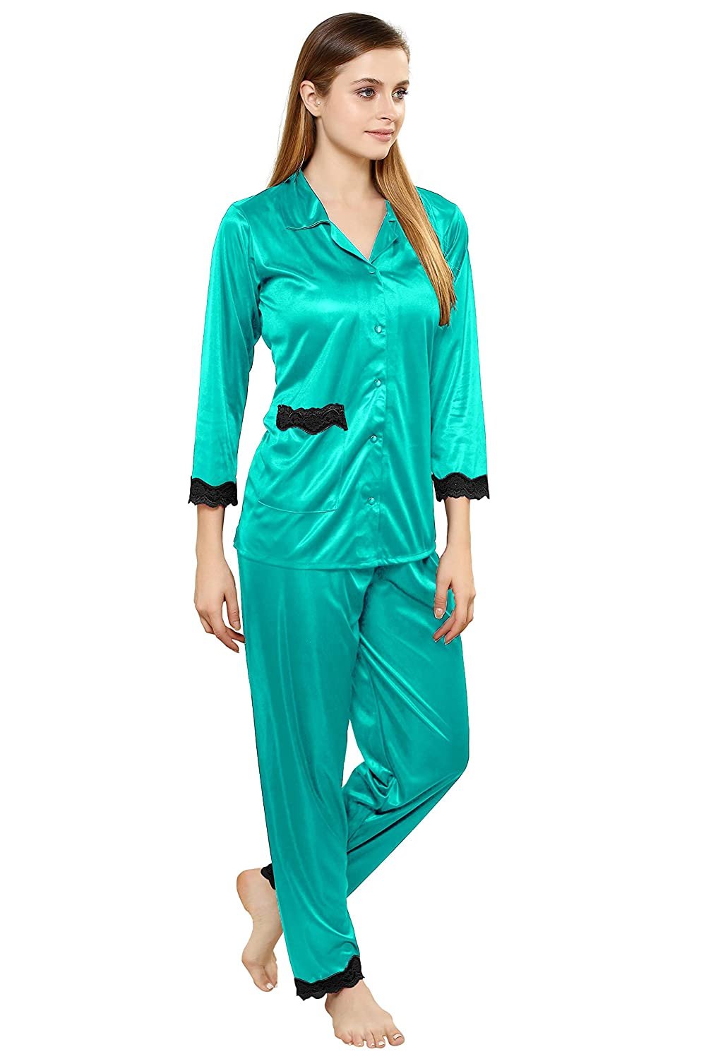 Tiya Women's Satin Plain/Solid Top and Pyjama Set (Light Green)