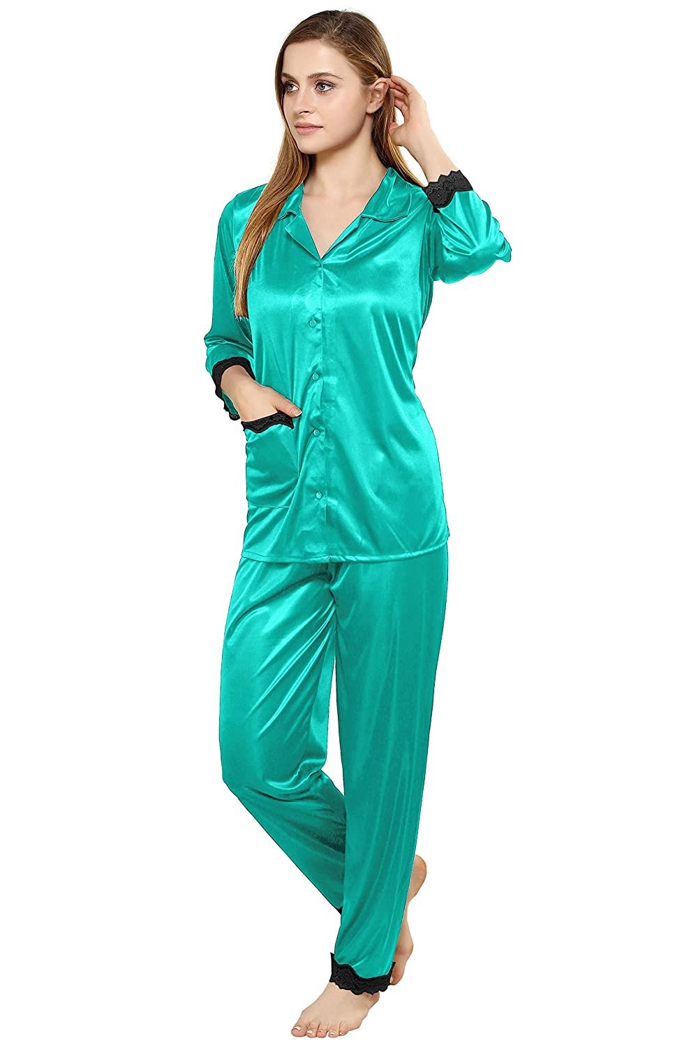 Tiya Women's Satin Plain/Solid Top and Pyjama Set (Light Green)