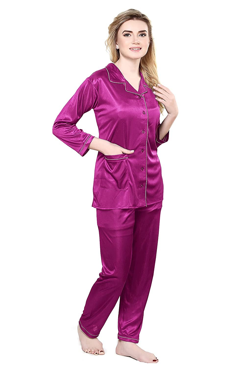 Tiya Women's Satin Plain/Solid Top and Pyjama Set (Magenta)