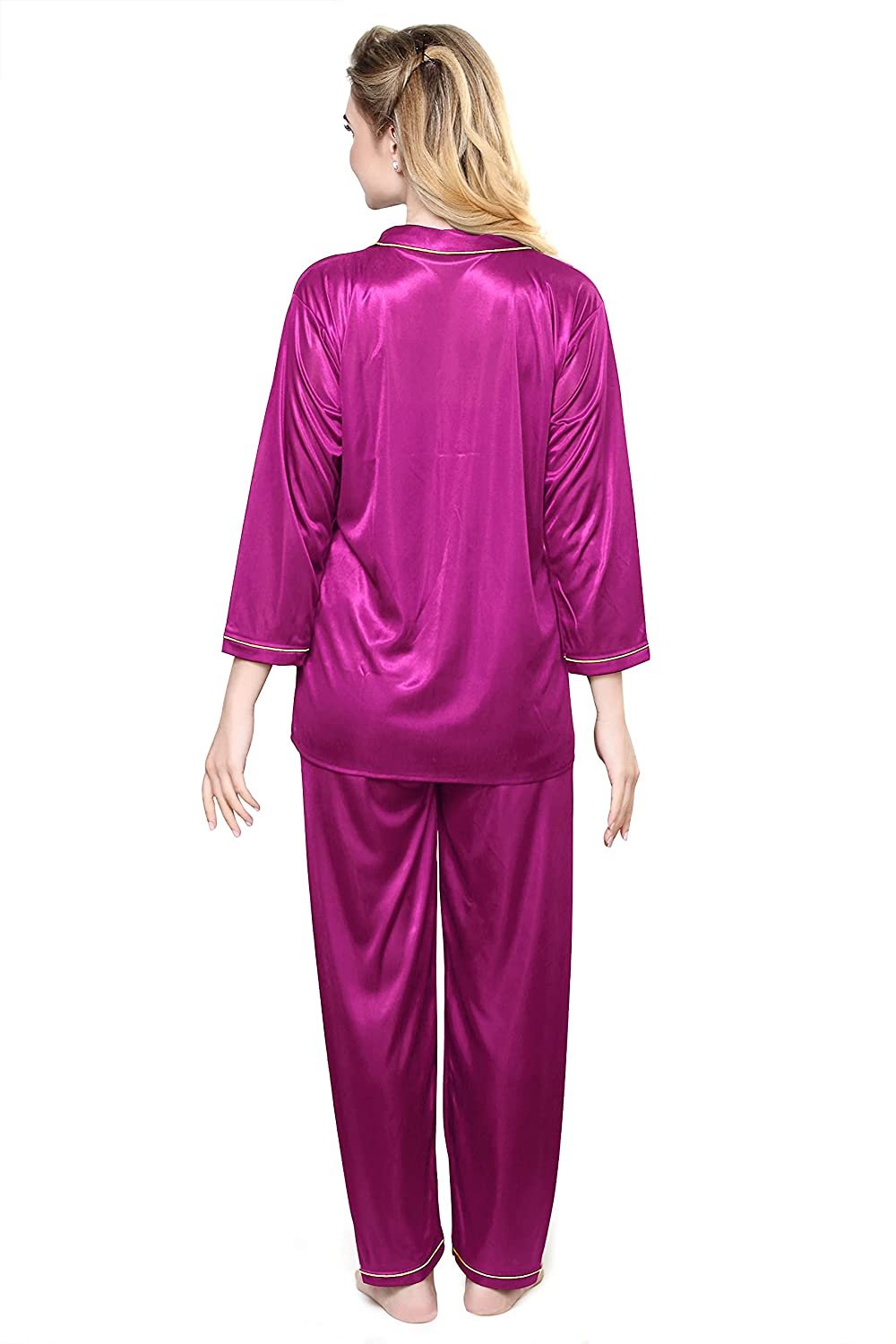 Tiya Women's Satin Plain/Solid Top and Pyjama Set (Magenta)