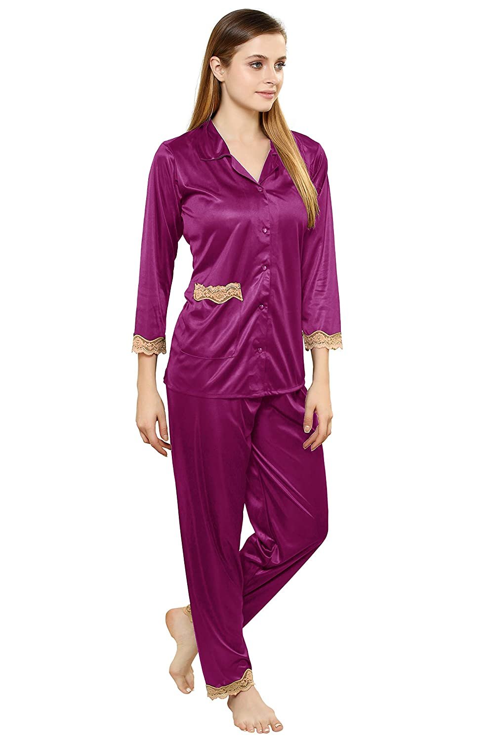 Tiya Women's Satin Plain/Solid Top and Pyjama Set (Magenta)