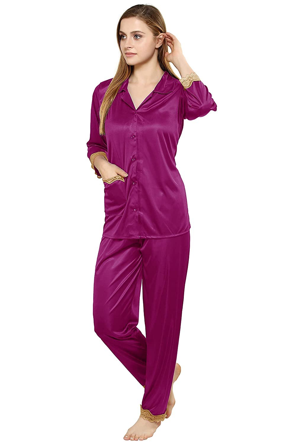 Tiya Women's Satin Plain/Solid Top and Pyjama Set (Magenta)