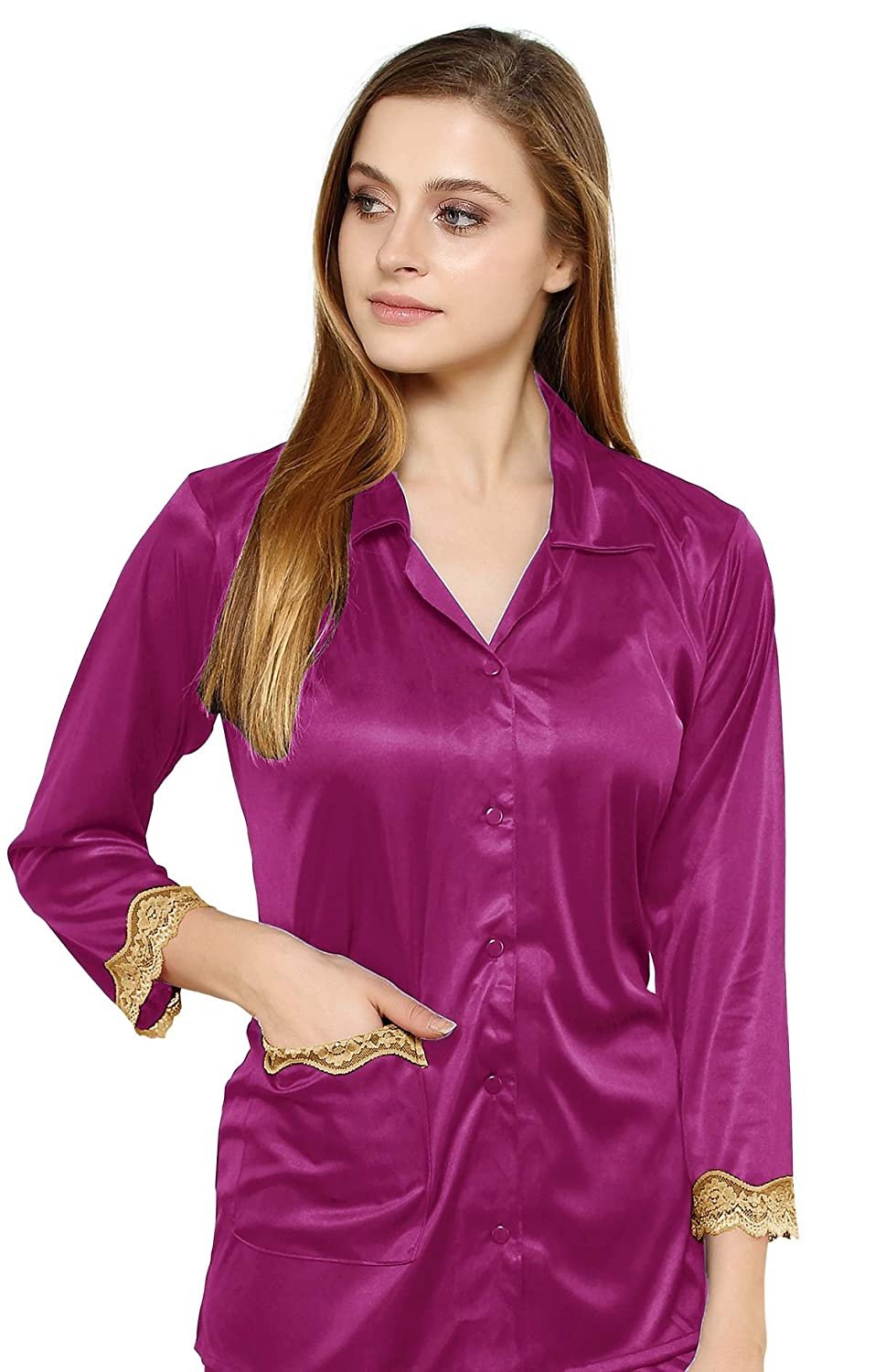 Tiya Women's Satin Plain/Solid Top and Pyjama Set (Magenta)