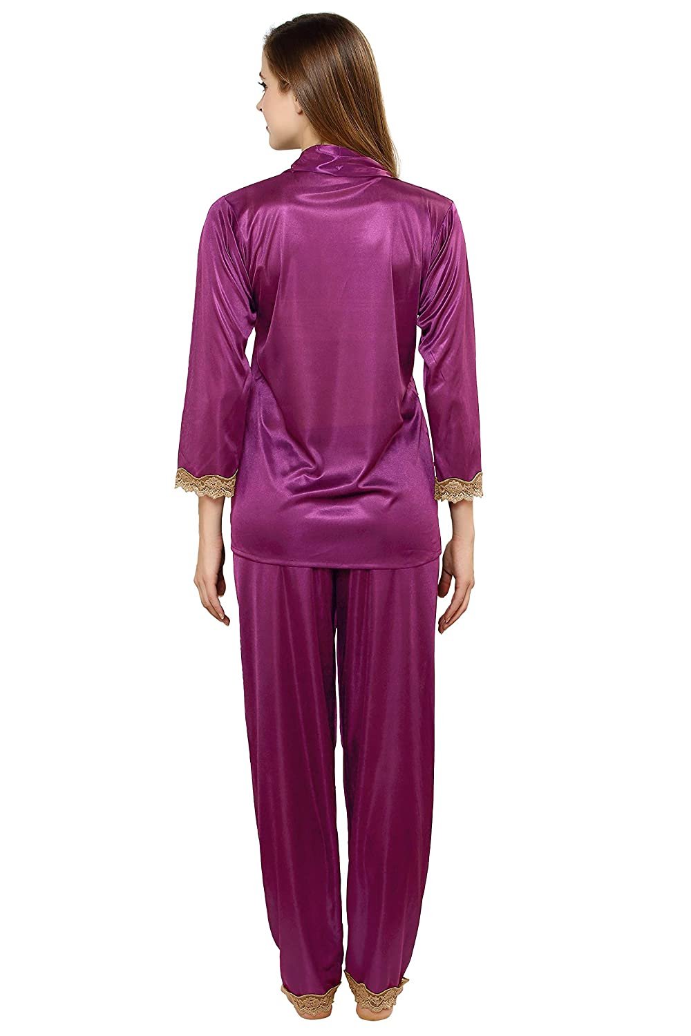 Tiya Women's Satin Plain/Solid Top and Pyjama Set (Magenta)