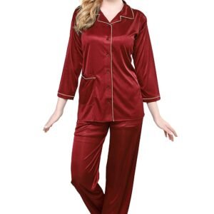 Tiya Women’s Satin Plain/Solid Top and Pyjama Set (Maroon)