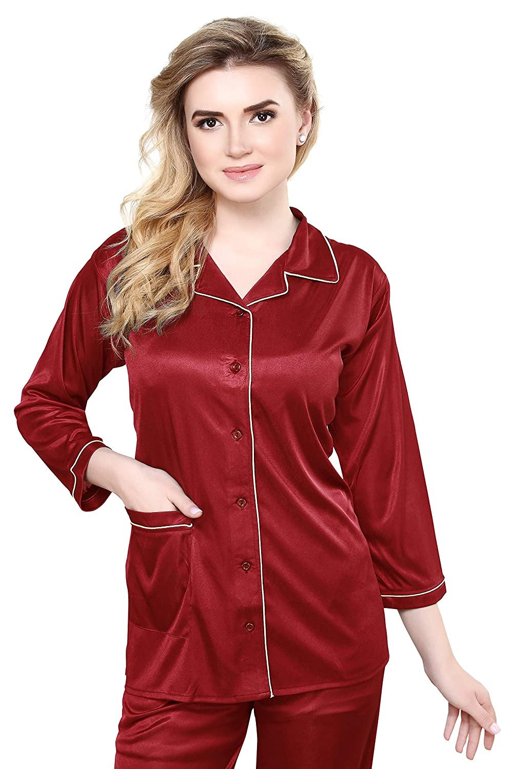 Tiya Women's Satin Plain/Solid Top and Pyjama Set (Maroon)