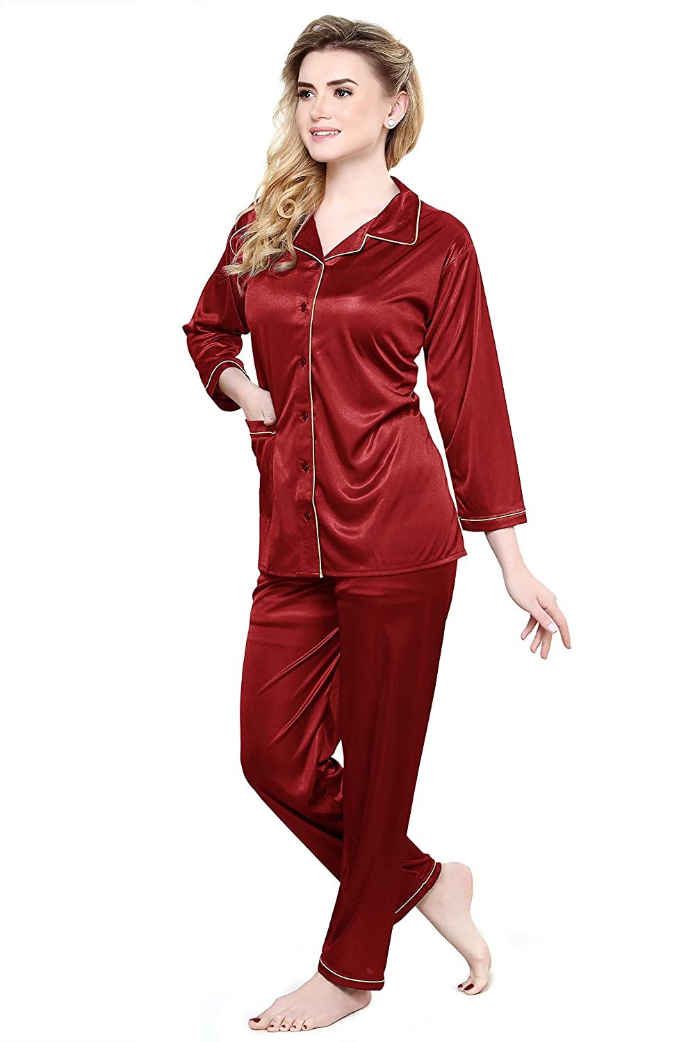 Tiya Women's Satin Plain/Solid Top and Pyjama Set (Maroon)