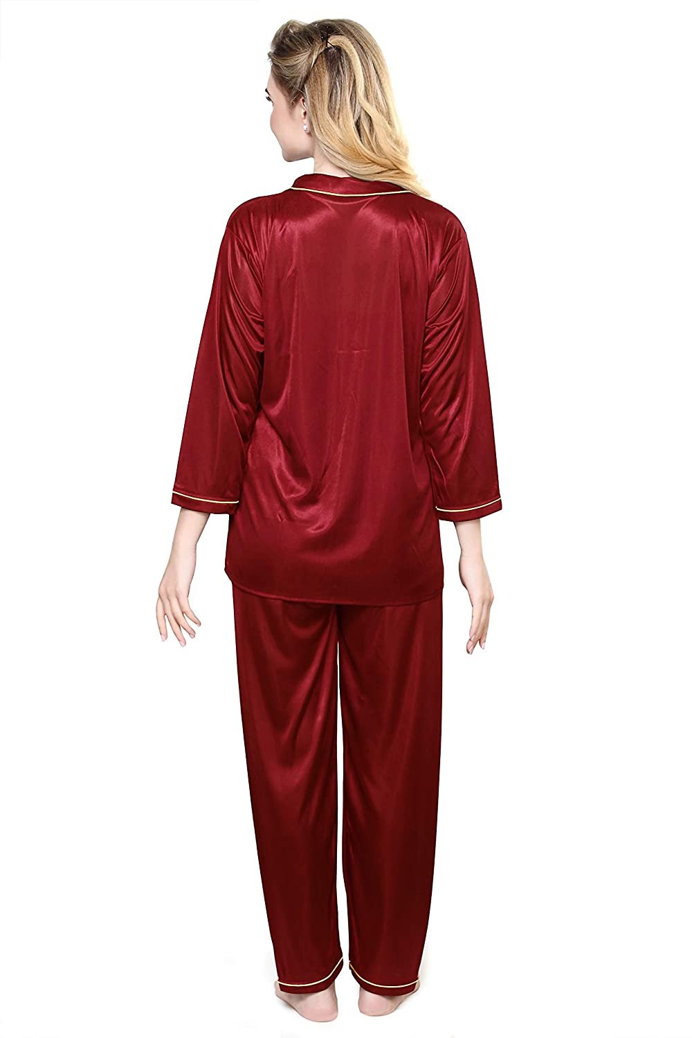 Tiya Women's Satin Plain/Solid Top and Pyjama Set (Maroon)