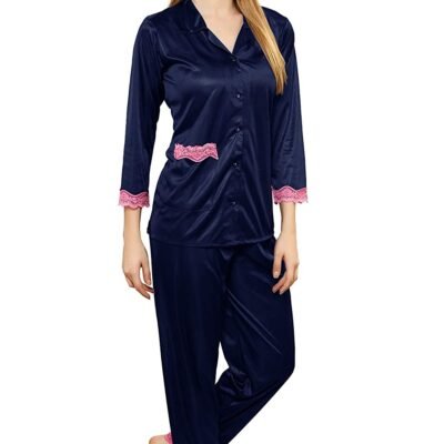 Tiya Women’s Satin Plain/Solid Top and Pyjama Set (Navy Blue)
