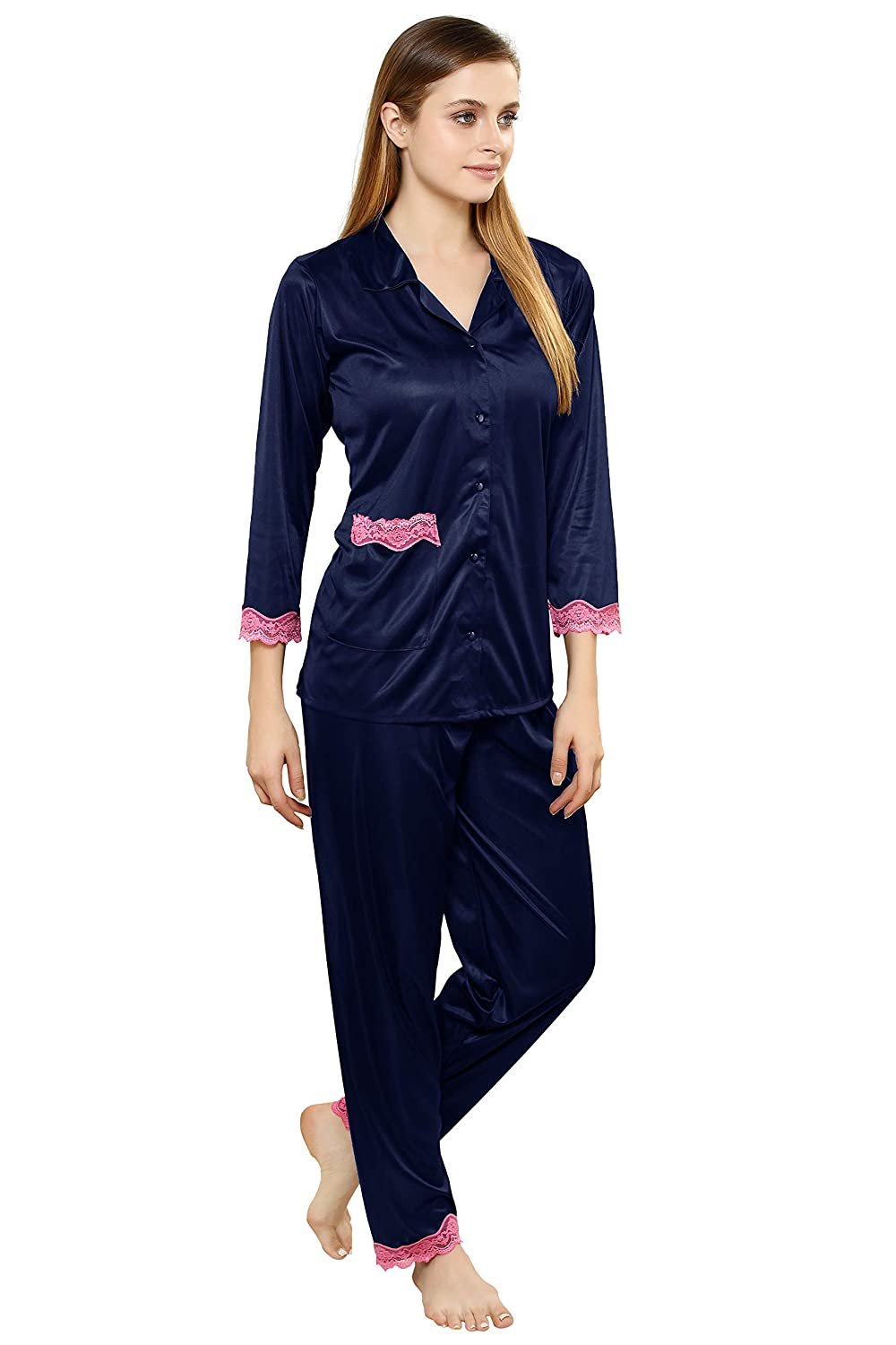 Tiya Women's Satin Plain/Solid Top and Pyjama Set (Navy Blue)