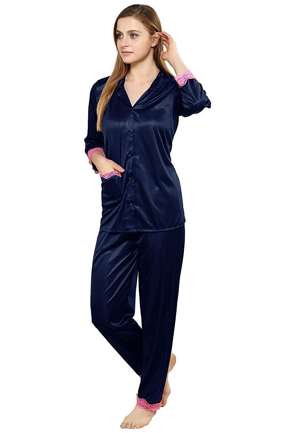 Tiya Women's Satin Plain/Solid Top and Pyjama Set (Navy Blue)