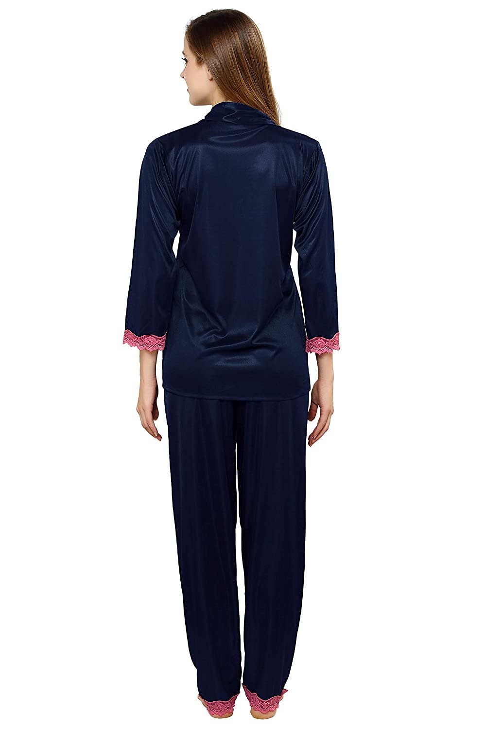 Tiya Women's Satin Plain/Solid Top and Pyjama Set (Navy Blue)