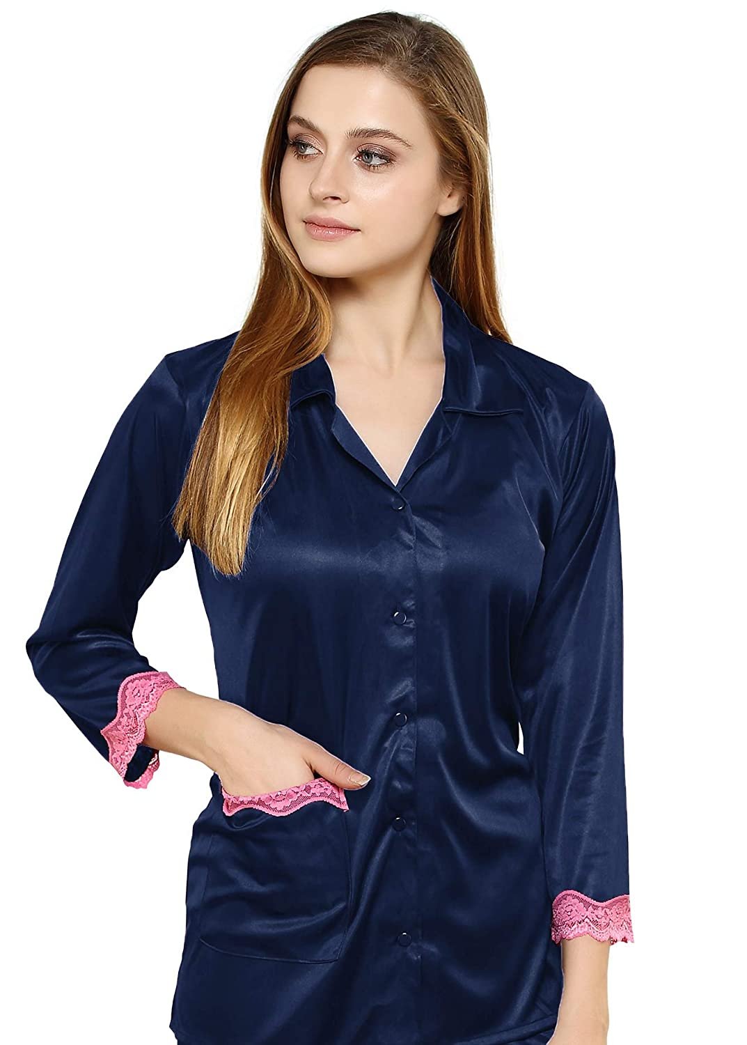 Tiya Women's Satin Plain/Solid Top and Pyjama Set (Navy Blue)