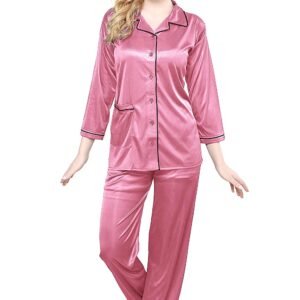 Tiya Women’s Satin Plain/Solid Top and Pyjama Set (Onion)