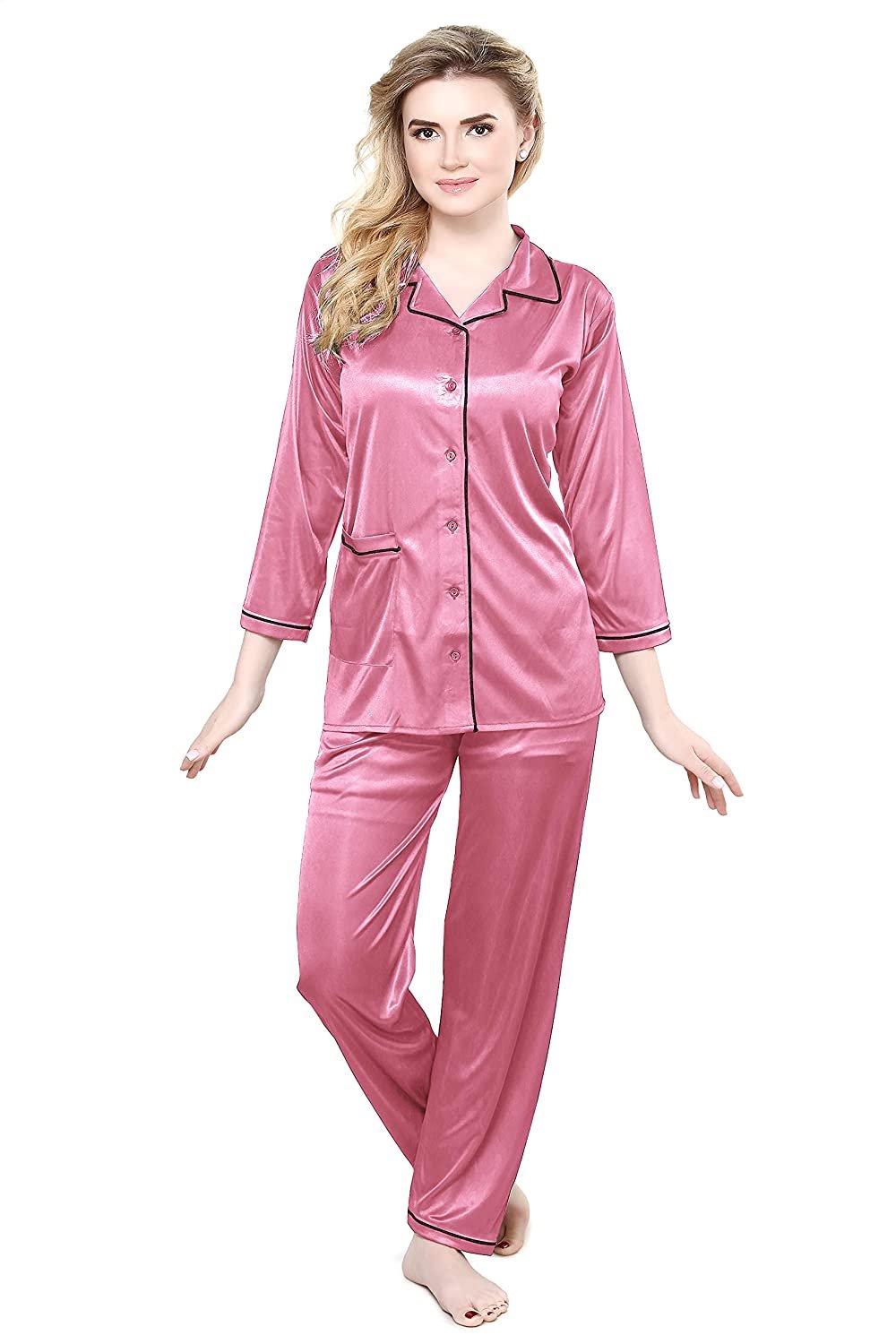 Tiya Women's Satin Plain/Solid Top and Pyjama Set (Onion)