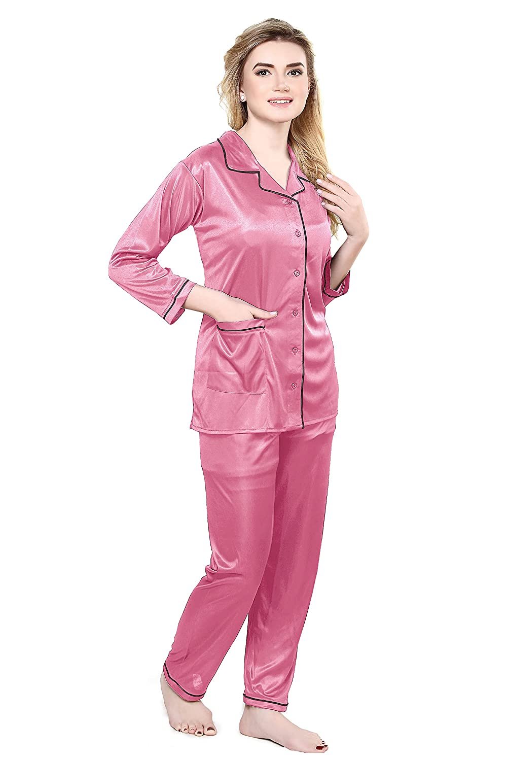 Tiya Women's Satin Plain/Solid Top and Pyjama Set (Onion)