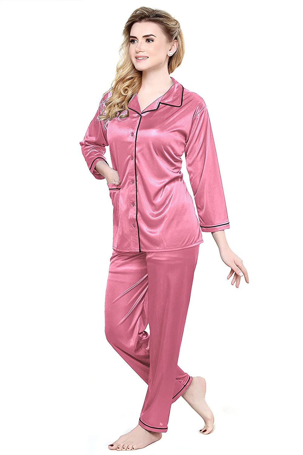 Tiya Women's Satin Plain/Solid Top and Pyjama Set (Onion)