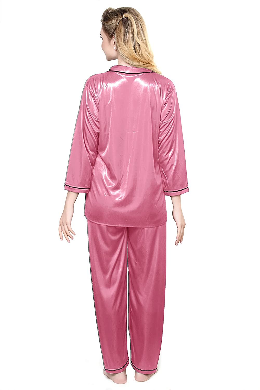 Tiya Women's Satin Plain/Solid Top and Pyjama Set (Onion)