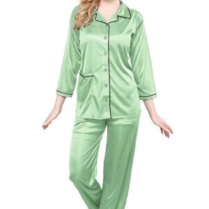 Tiya Women’s Satin Plain/Solid Top and Pyjama Set (Pigment Green)