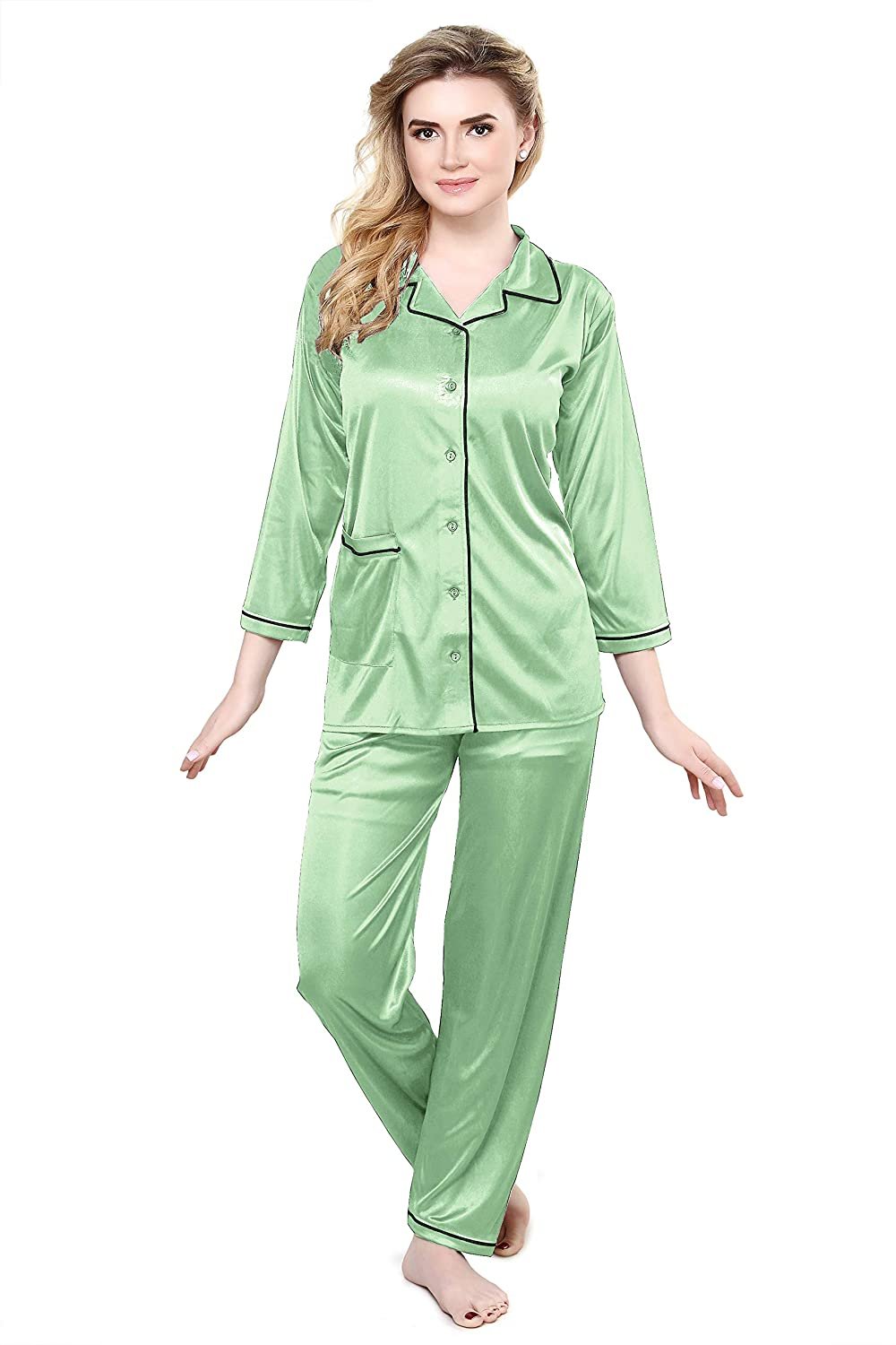 Tiya Women's Satin Plain/Solid Top and Pyjama Set (Pigment Green)