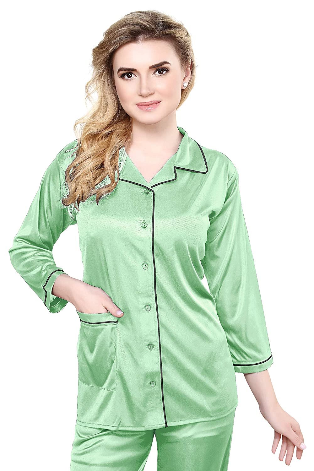 Tiya Women's Satin Plain/Solid Top and Pyjama Set (Pigment Green)