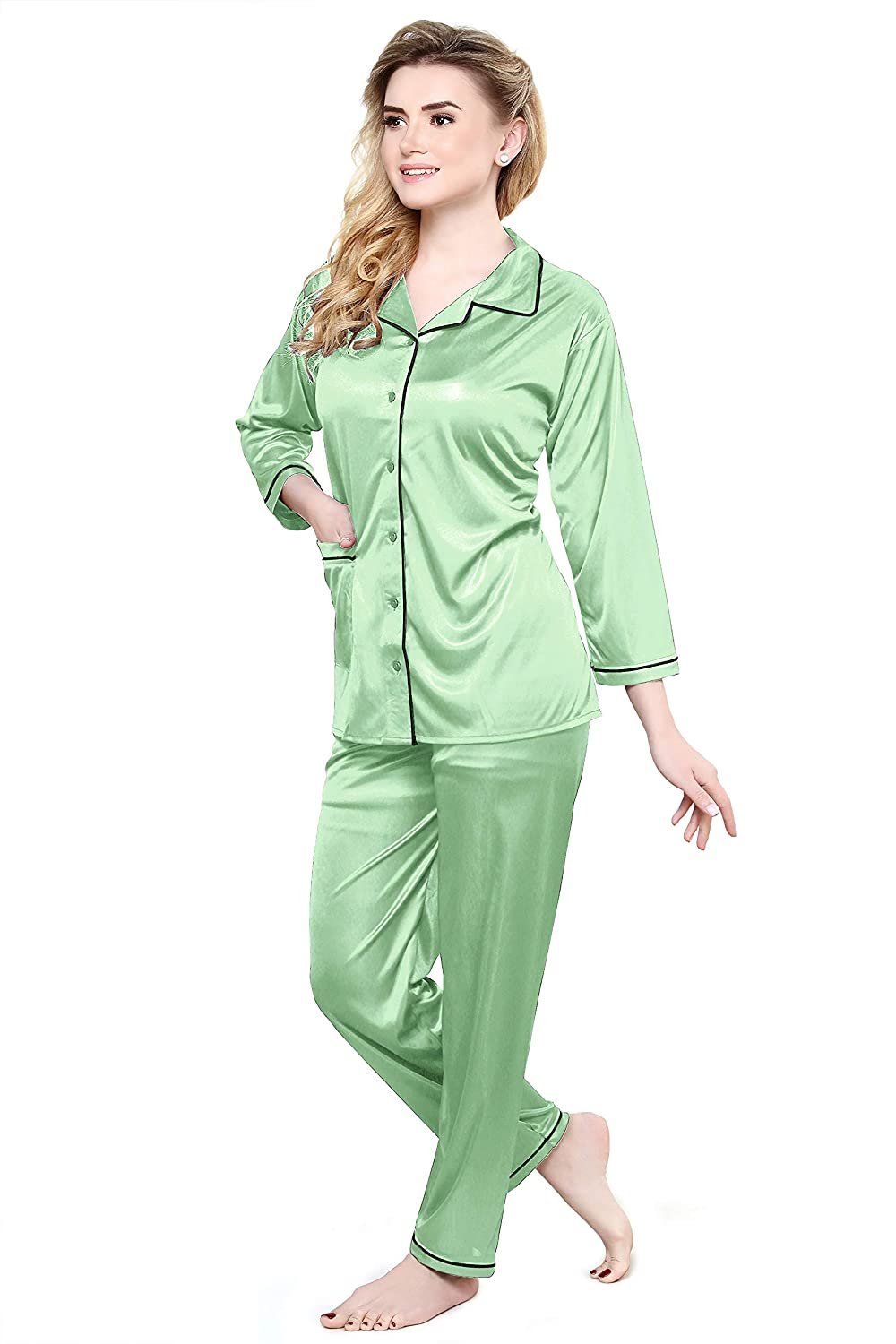 Tiya Women's Satin Plain/Solid Top and Pyjama Set (Pigment Green)