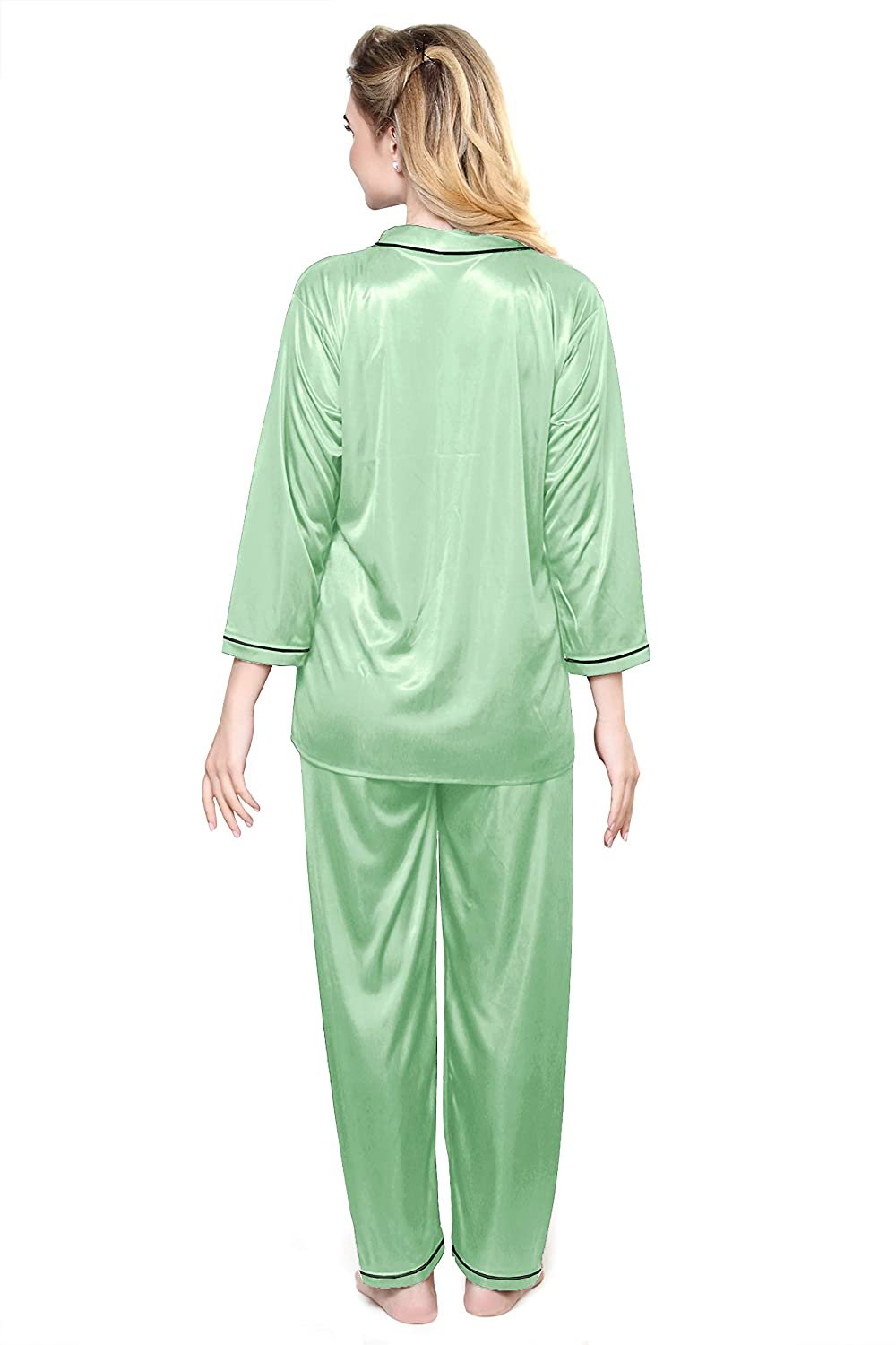 Tiya Women's Satin Plain/Solid Top and Pyjama Set (Pigment Green)
