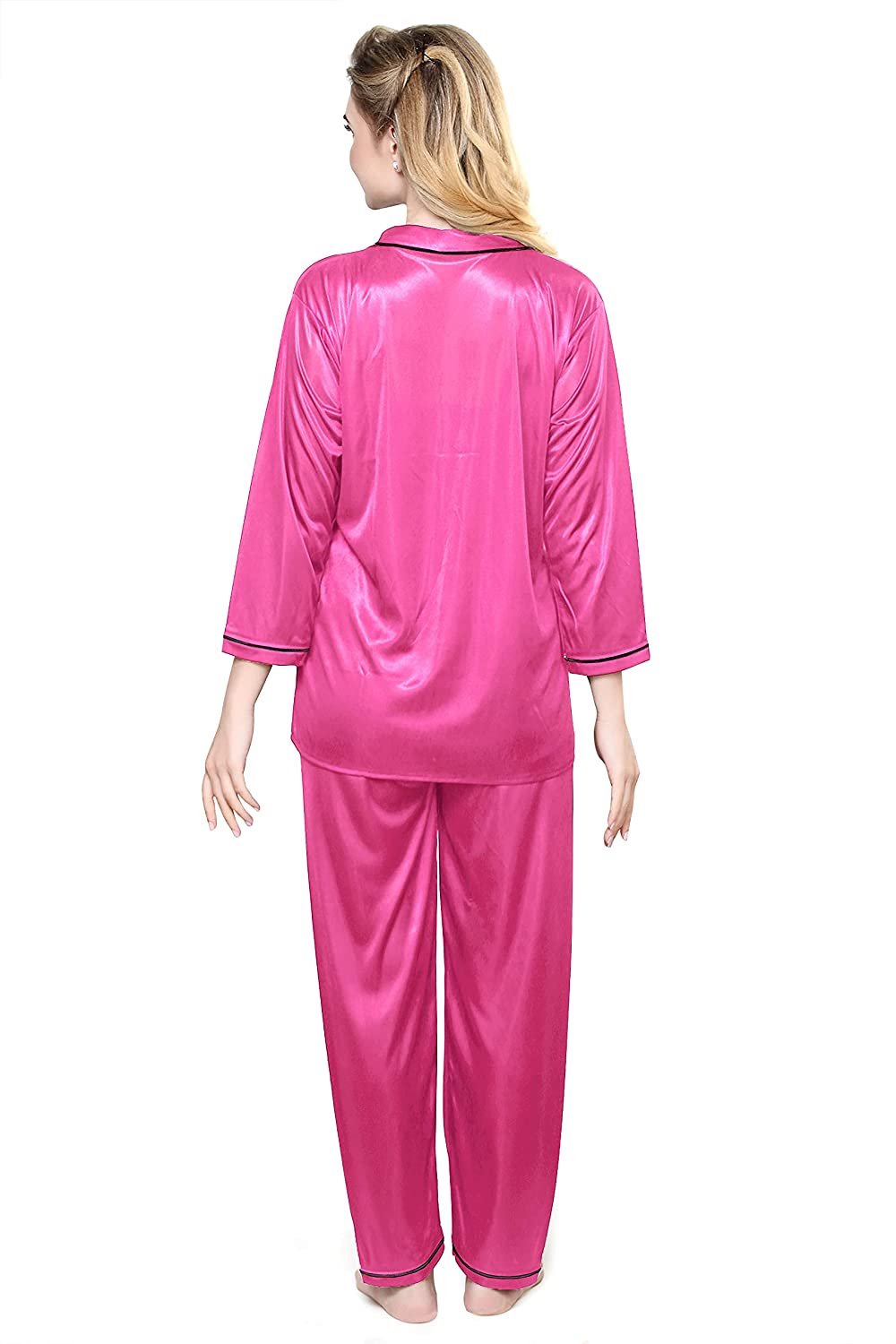 Tiya Women's Satin Plain/Solid Top and Pyjama Set (Pink)