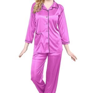 Tiya Women’s Satin Plain/Solid Top and Pyjama Set (Purple)