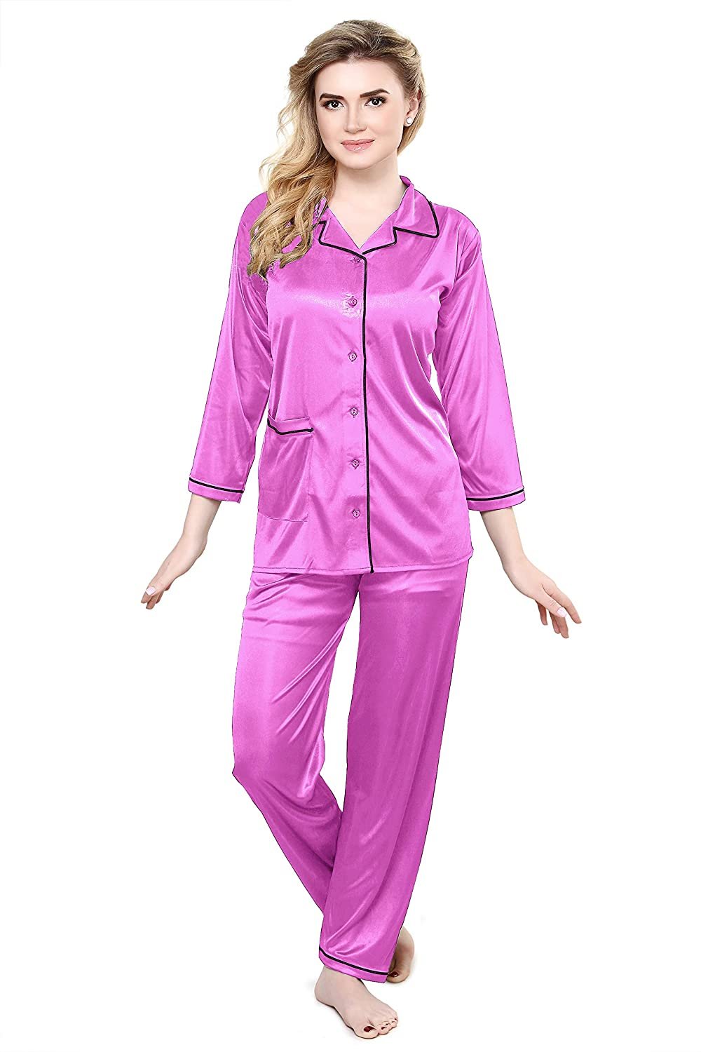 Tiya Women's Satin Plain/Solid Top and Pyjama Set (Purple)