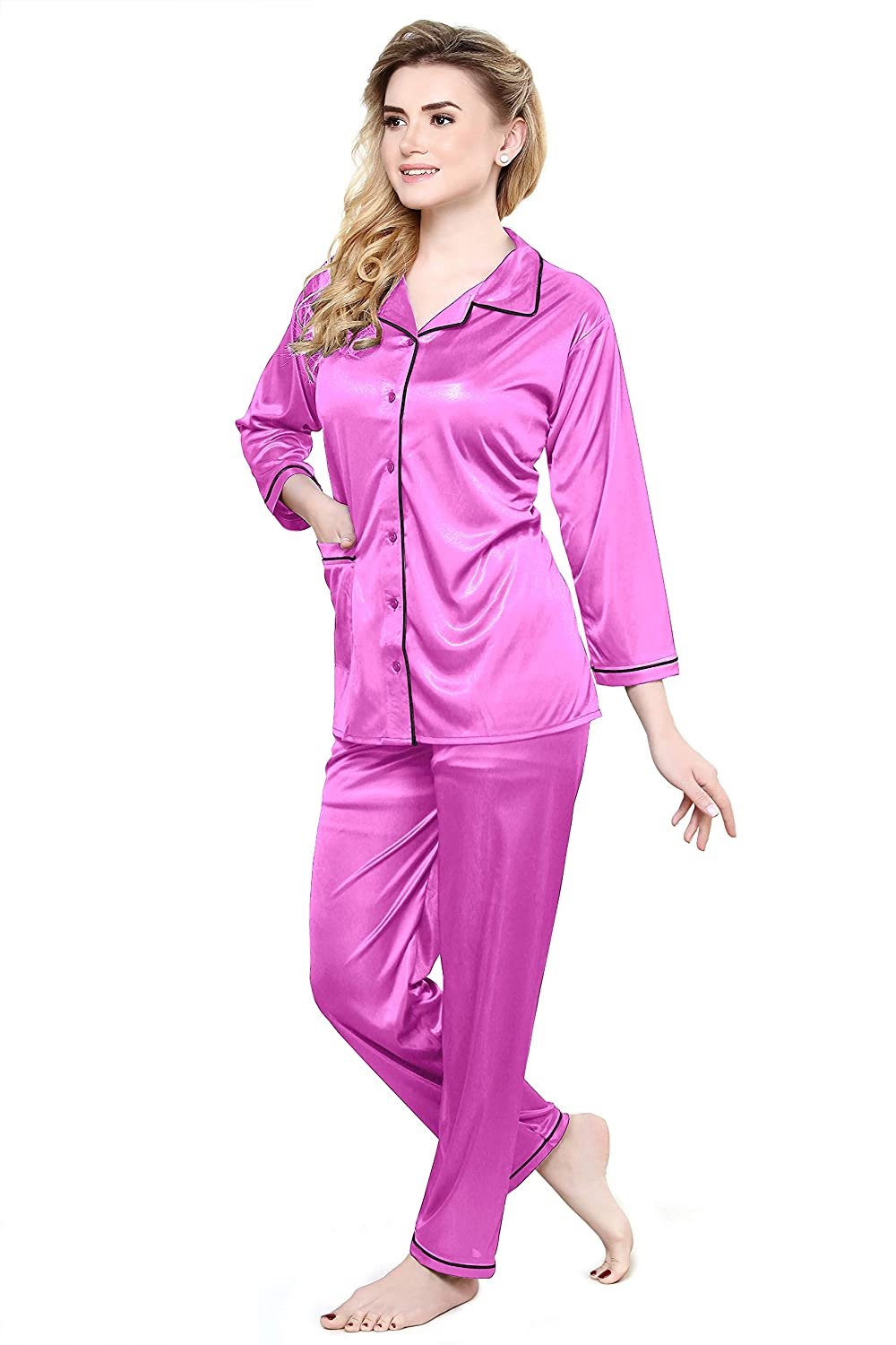 Tiya Women's Satin Plain/Solid Top and Pyjama Set (Purple)