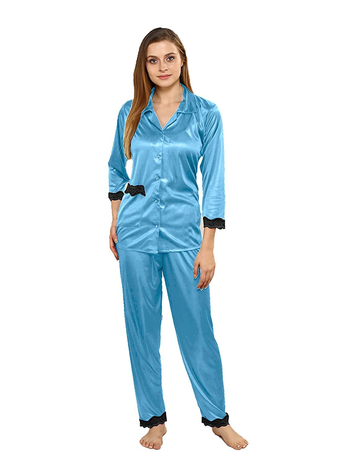 Tiya Women's Satin Plain/Solid Top and Pyjama Set (Sky Blue)