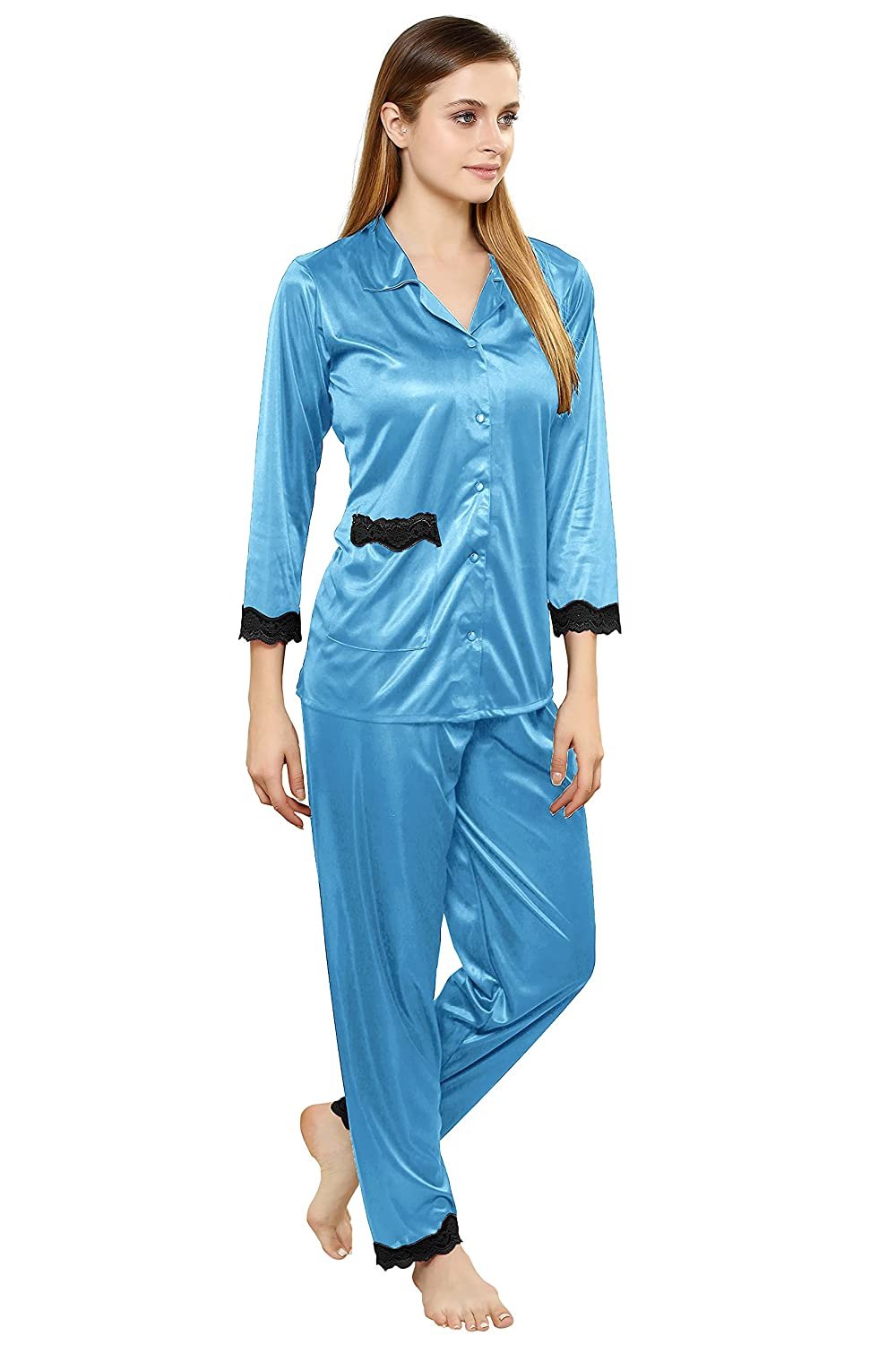 Tiya Women's Satin Plain/Solid Top and Pyjama Set (Sky Blue)