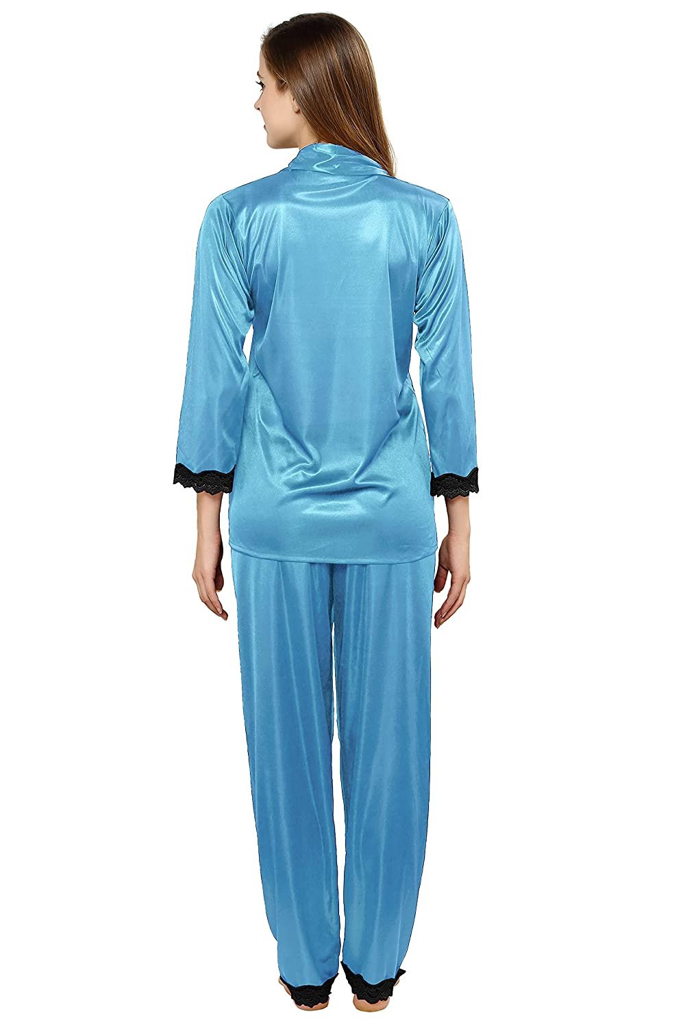 Tiya Women's Satin Plain/Solid Top and Pyjama Set (Sky Blue)