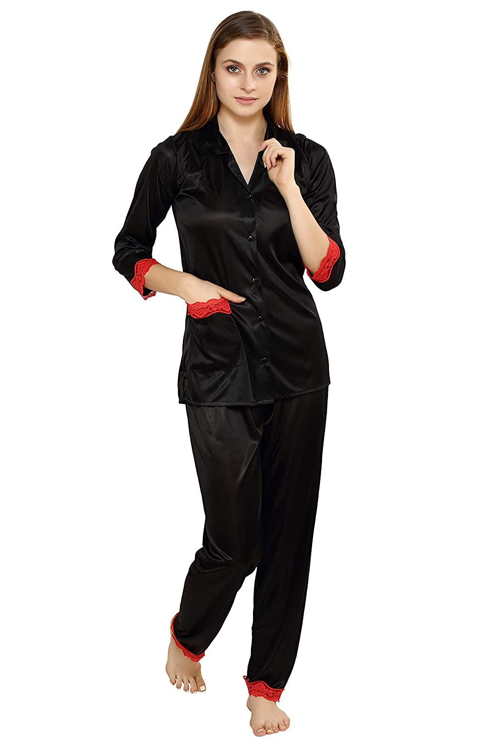 Tiya Women's Satin Plain/Solid Top and Pyjama Set (Black)