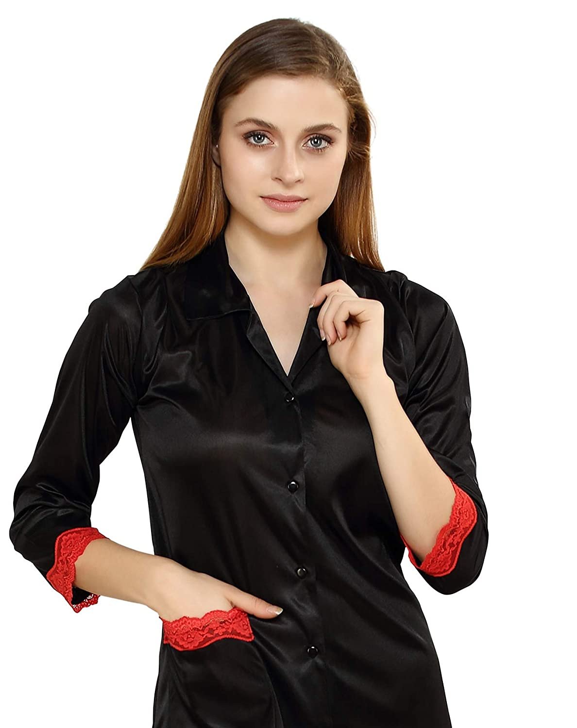 Tiya Women's Satin Plain/Solid Top and Pyjama Set (Black)