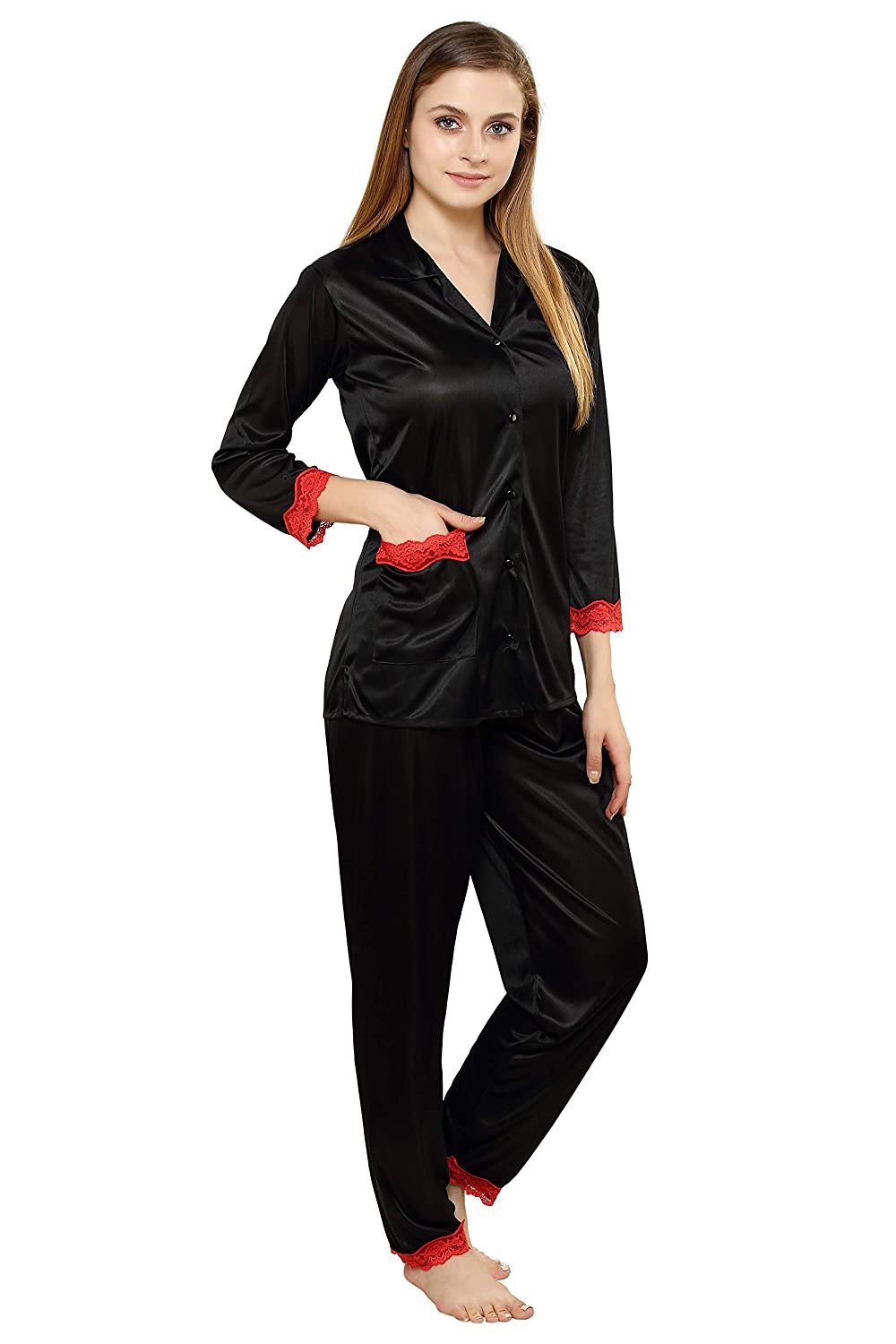Tiya Women's Satin Plain/Solid Top and Pyjama Set (Black)