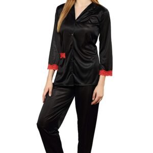 Tiya Women’s Satin Plain/Solid Top and Pyjama Set (Black)