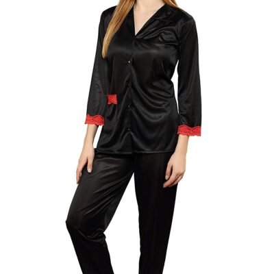 Tiya Women’s Satin Plain/Solid Top and Pyjama Set (Black)