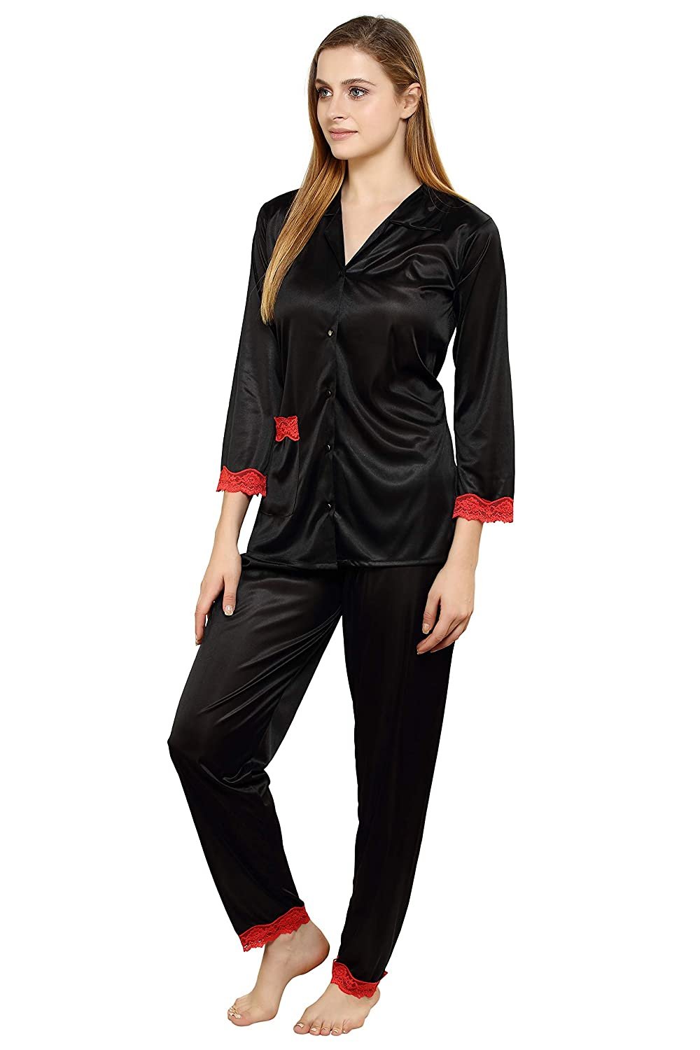 Tiya Women's Satin Plain/Solid Top and Pyjama Set (Black)