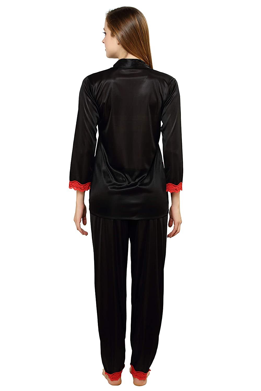 Tiya Women's Satin Plain/Solid Top and Pyjama Set (Black)