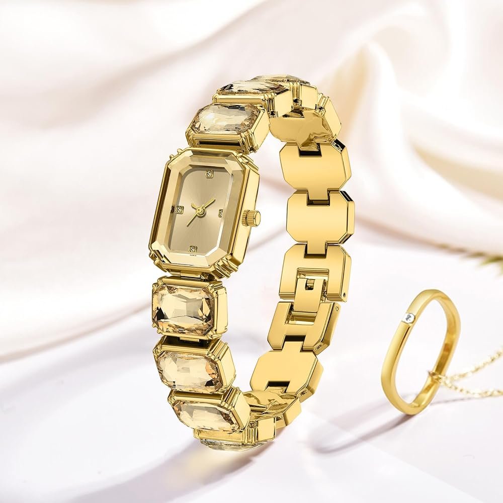 Tiya"s Octagon Cut Golden Bracelet Watch for Women