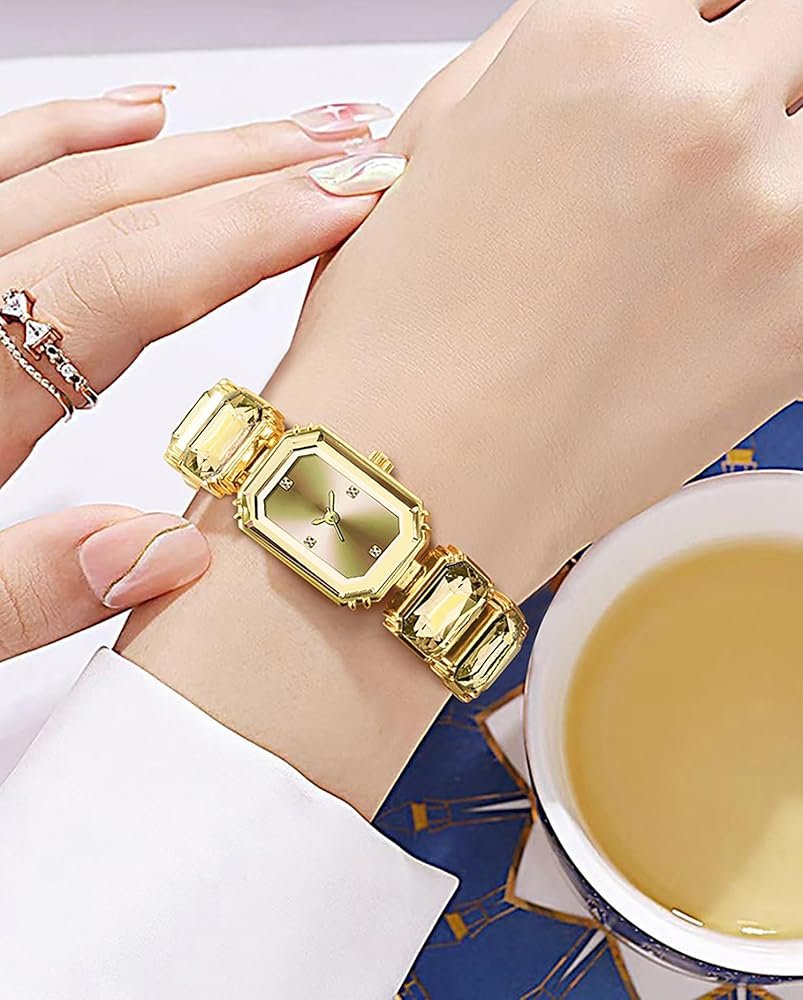 Tiya"s Octagon Cut Golden Bracelet Watch for Women