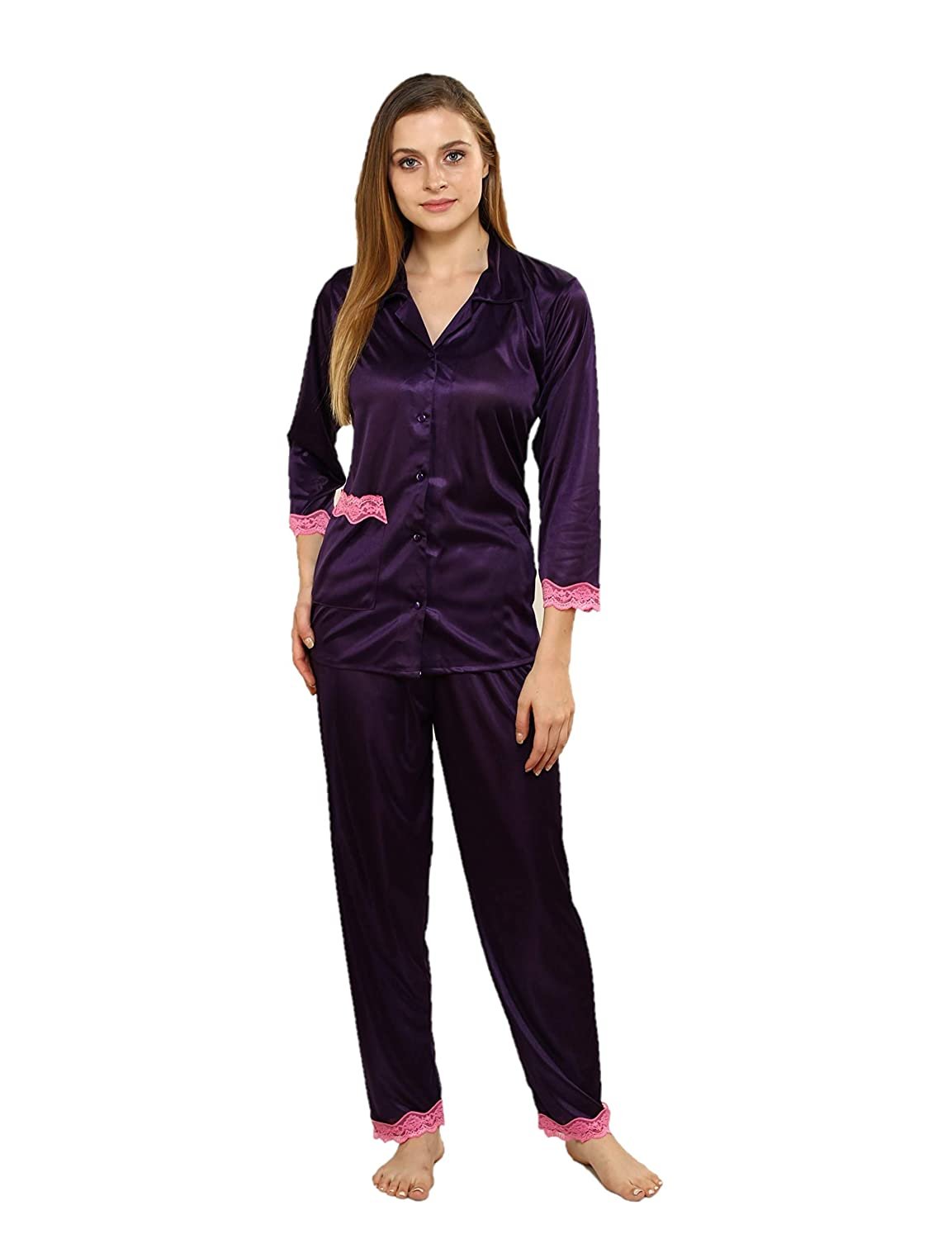 Tiya Women's Satin Plain/Solid Top and Pyjama Set (Wine)