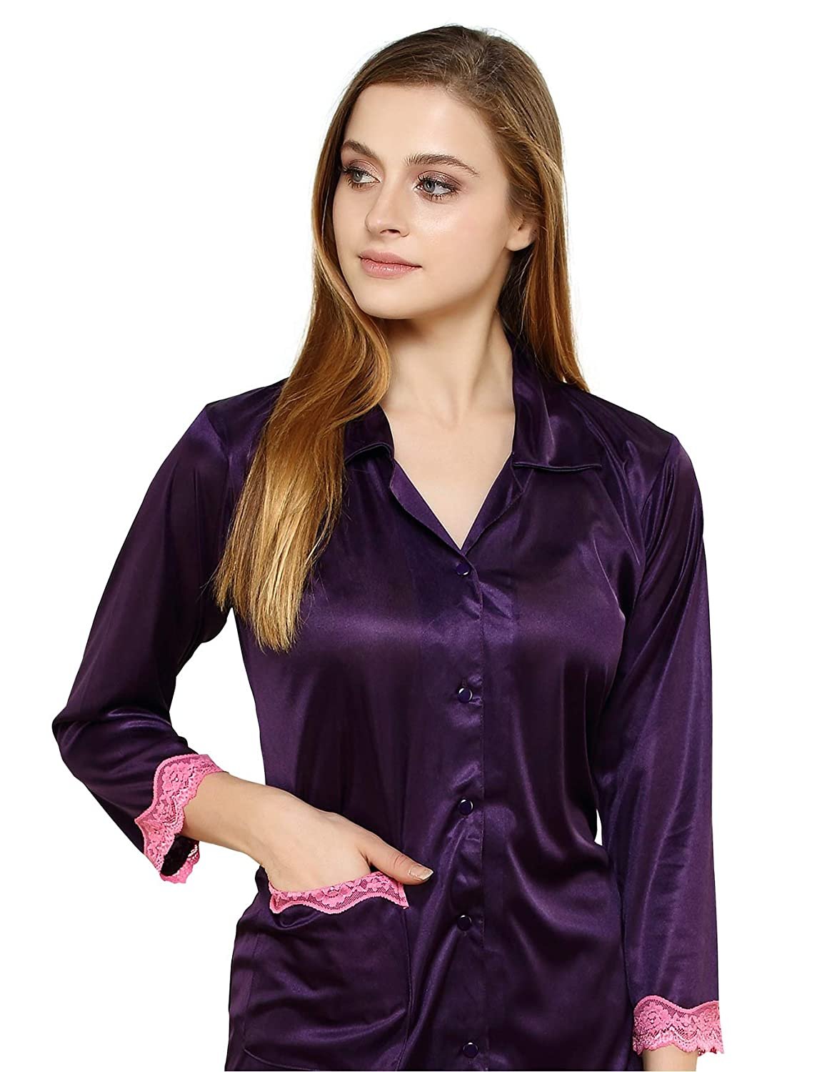 Tiya Women's Satin Plain/Solid Top and Pyjama Set (Wine)