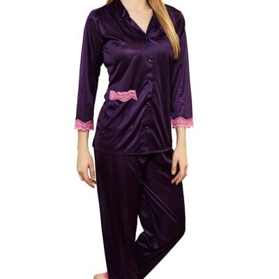 Tiya Women’s Satin Plain/Solid Top and Pyjama Set (Wine)