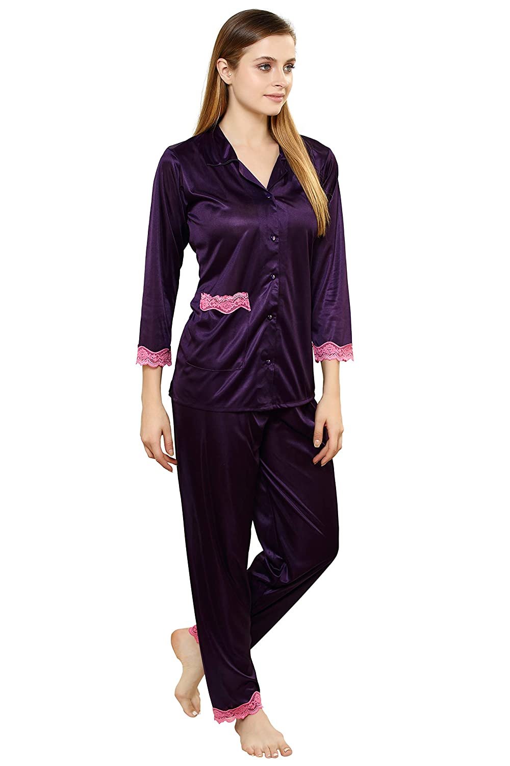 Tiya Women's Satin Plain/Solid Top and Pyjama Set (Wine)