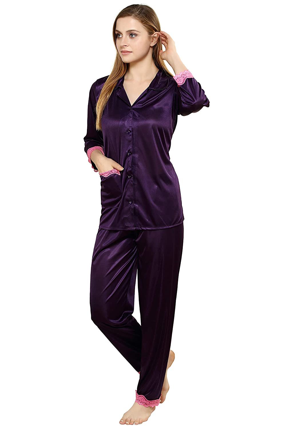 Tiya Women's Satin Plain/Solid Top and Pyjama Set (Wine)