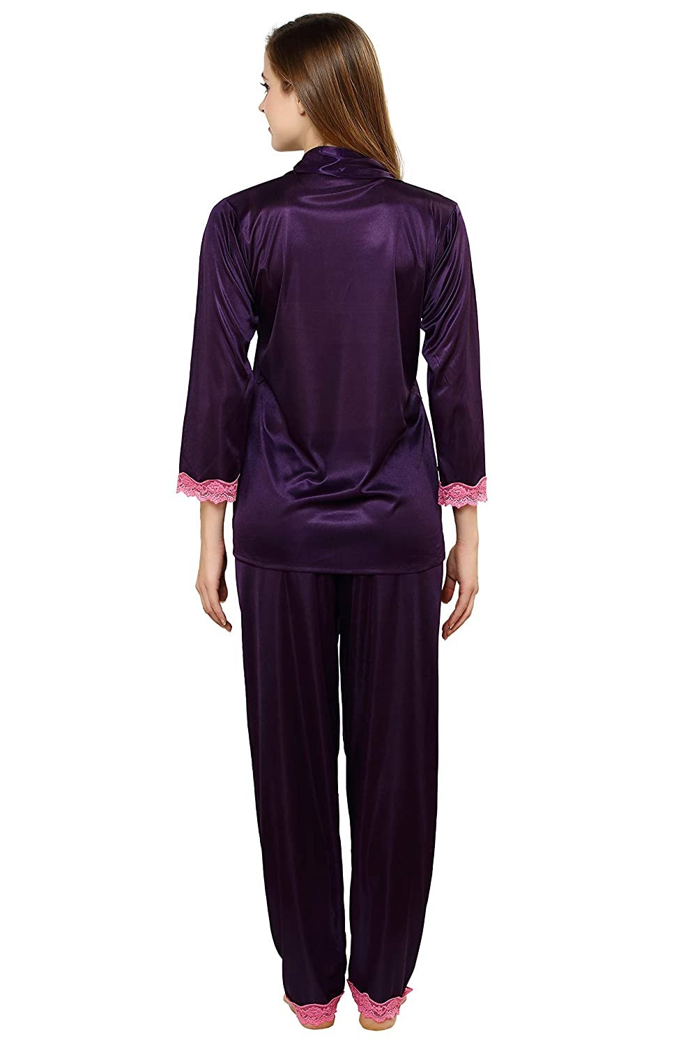 Tiya Women's Satin Plain/Solid Top and Pyjama Set (Wine)